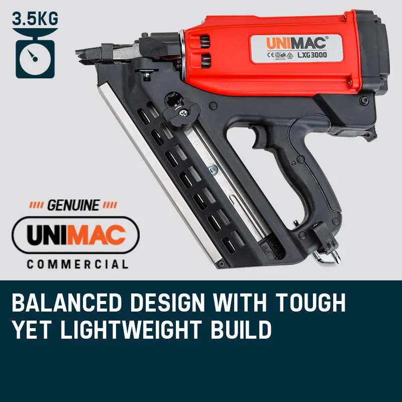 34-Deg Gas Framing Nail Gun, 50-90mm, 2 Li-Ion Batteries, Unimac