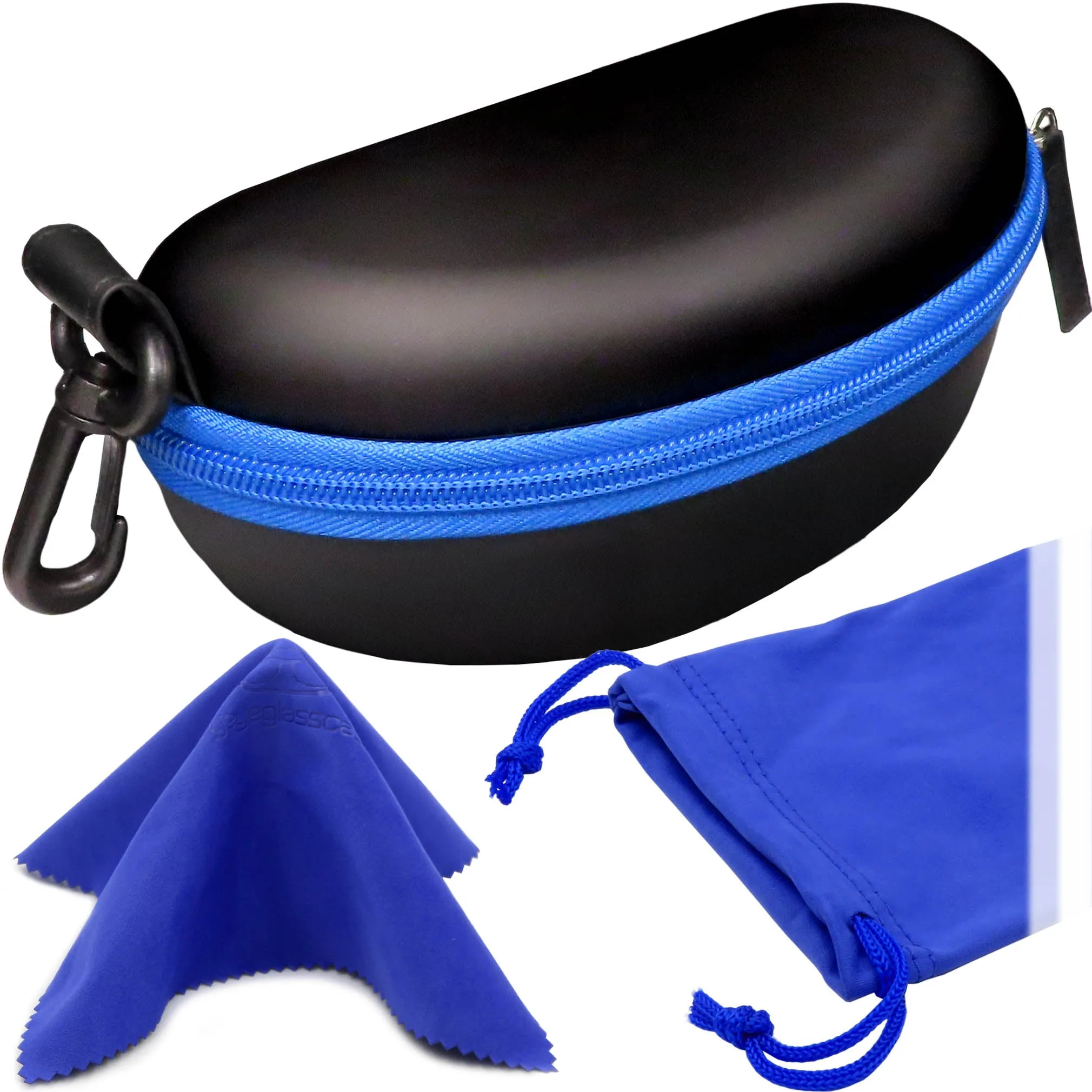 Extra Large Sunglasses case, EVA Zipper Snow Goggles - Semi Hard Glasses Case Compact & Lightweight with belt Clip and cloth (B701 XL Blk & Blue)