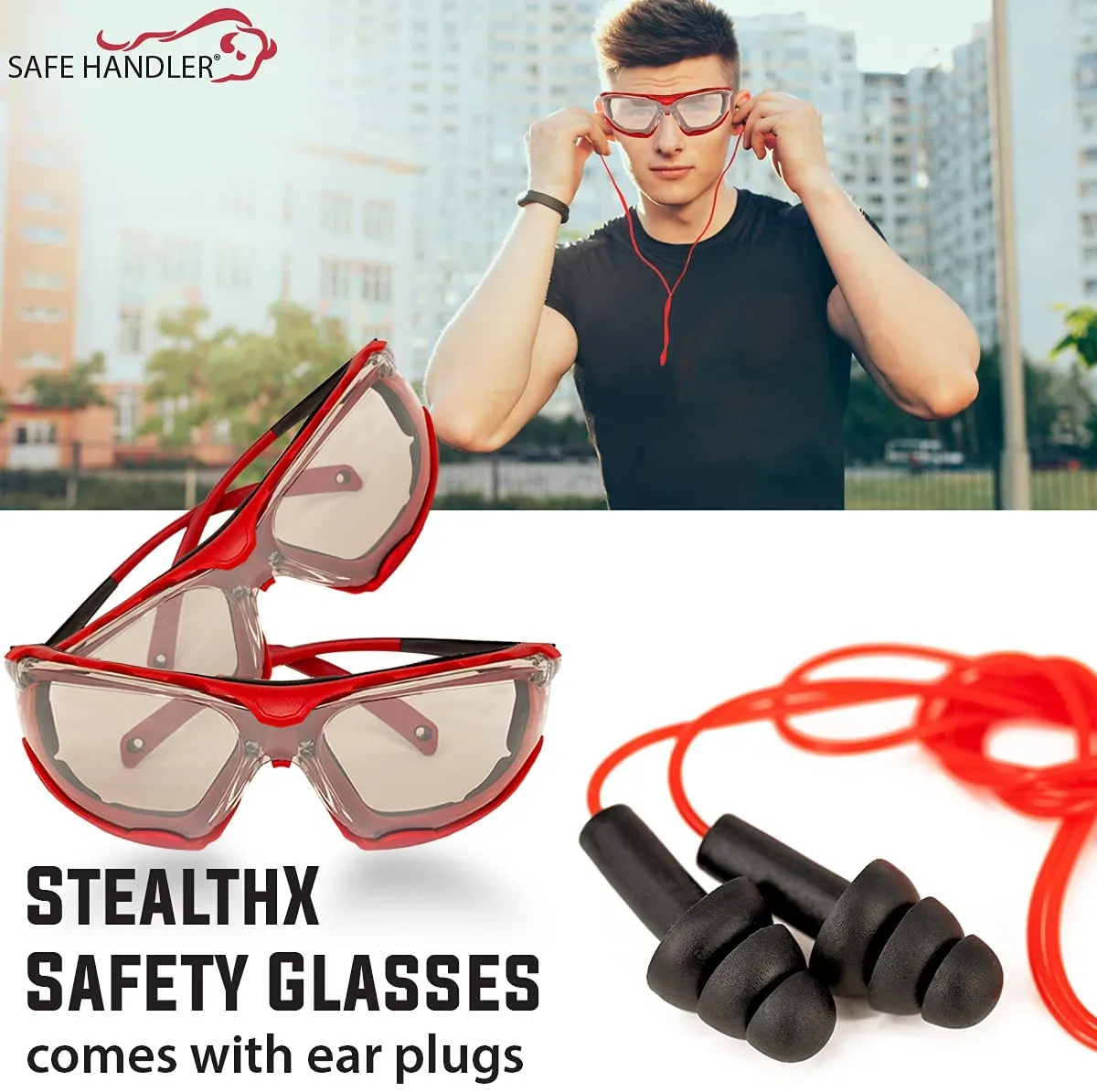 StealthX Indoor/Outdoor Safety Sunglasses with Corded Ear Plugs, Anti-Fog