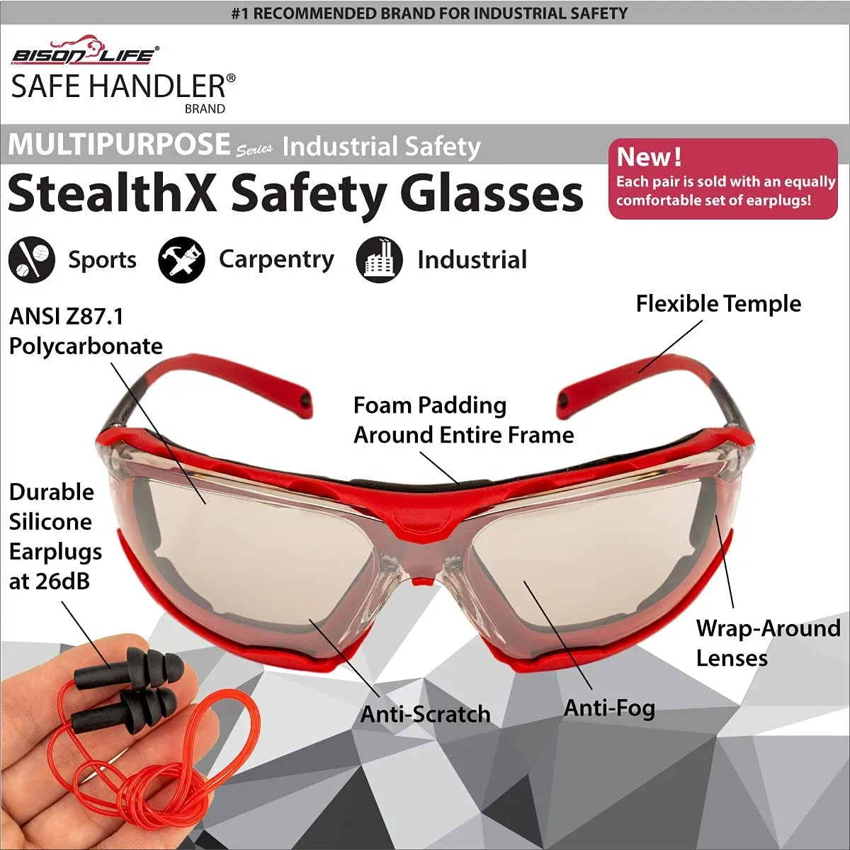 StealthX Indoor/Outdoor Safety Sunglasses with Corded Ear Plugs, Anti-Fog