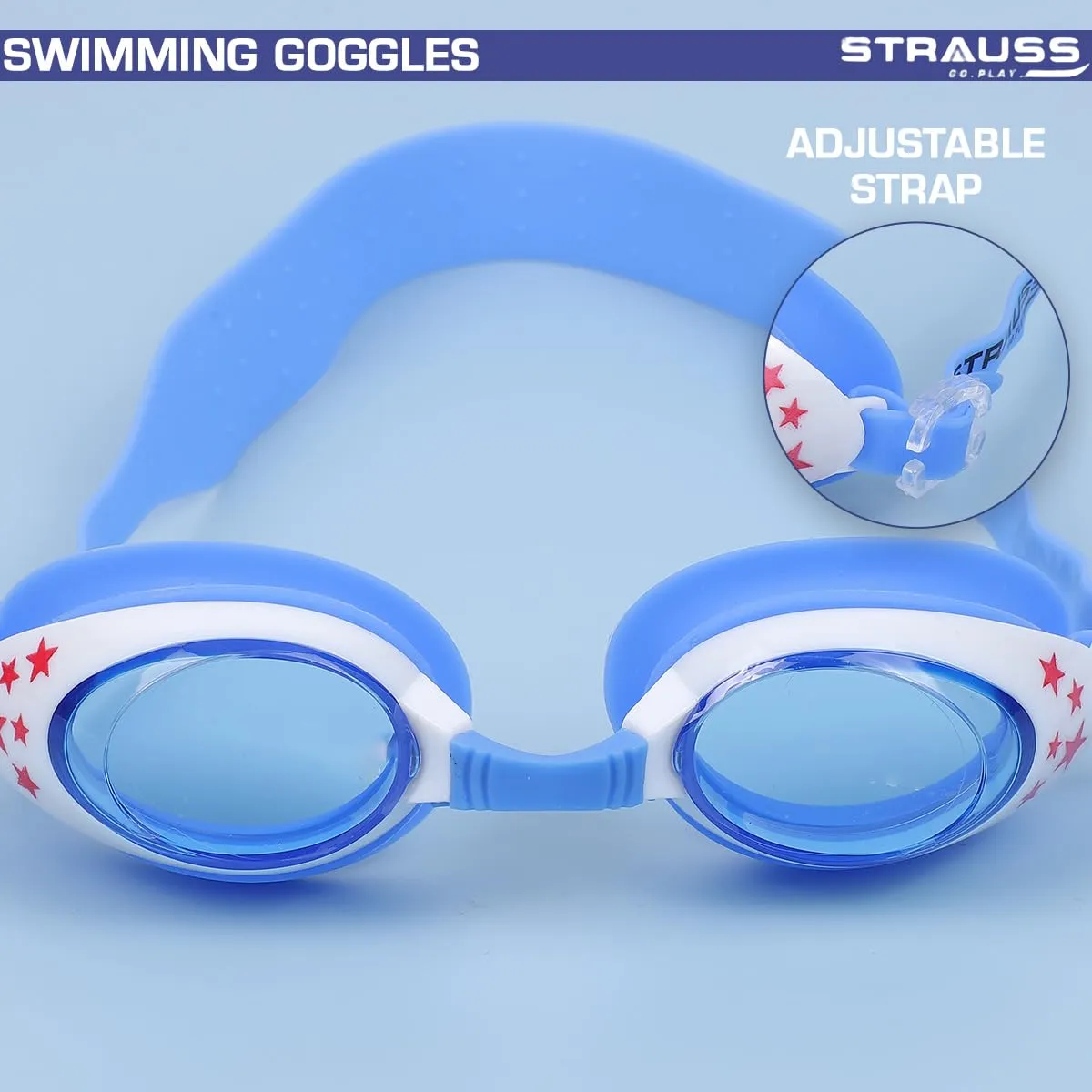 STRAUSS Swimming Goggles | Anti Fog & UV Protection | Swimming Goggles for Adults, Men and Women | Fully Adjustable Swimming Goggles With A Case Cover,(Blue/White)