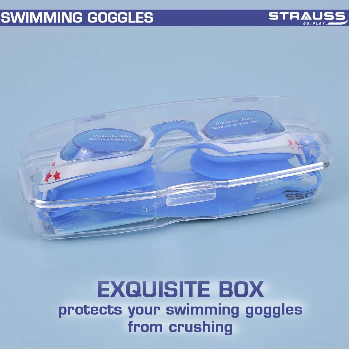 STRAUSS Swimming Goggles | Anti Fog & UV Protection | Swimming Goggles for Adults, Men and Women | Fully Adjustable Swimming Goggles With A Case Cover,(Blue/White)