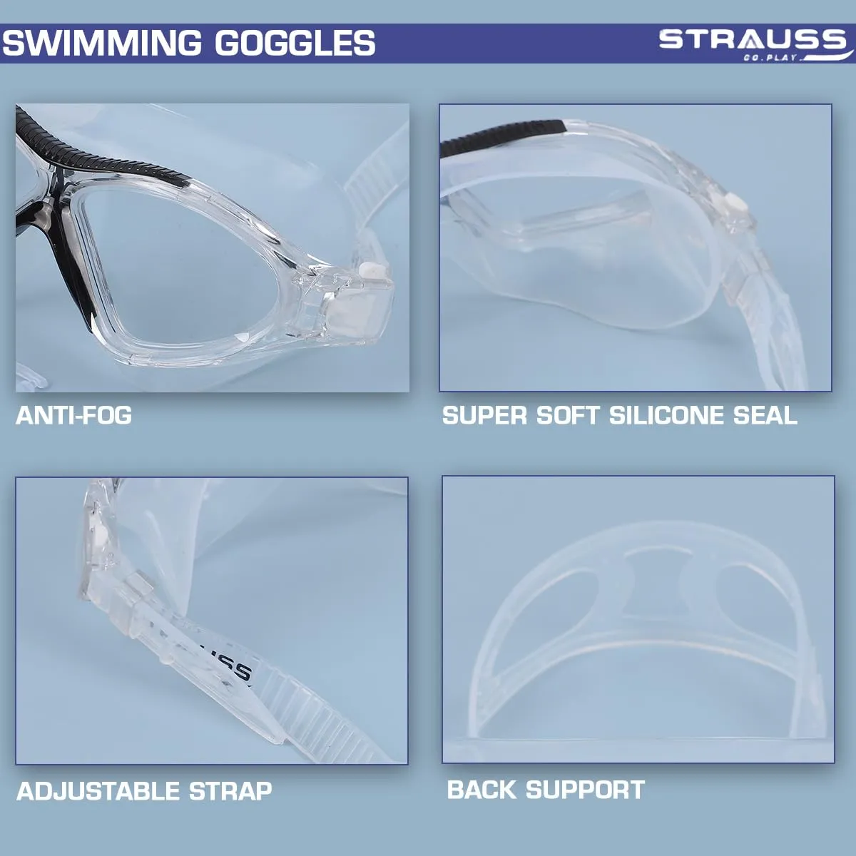 STRAUSS Swimming Goggles | Anti Fog & UV Protection | Swimming Goggles for Kids, Adults | Fully Adjustable Swimming Goggles with A Case Cover,(Black)