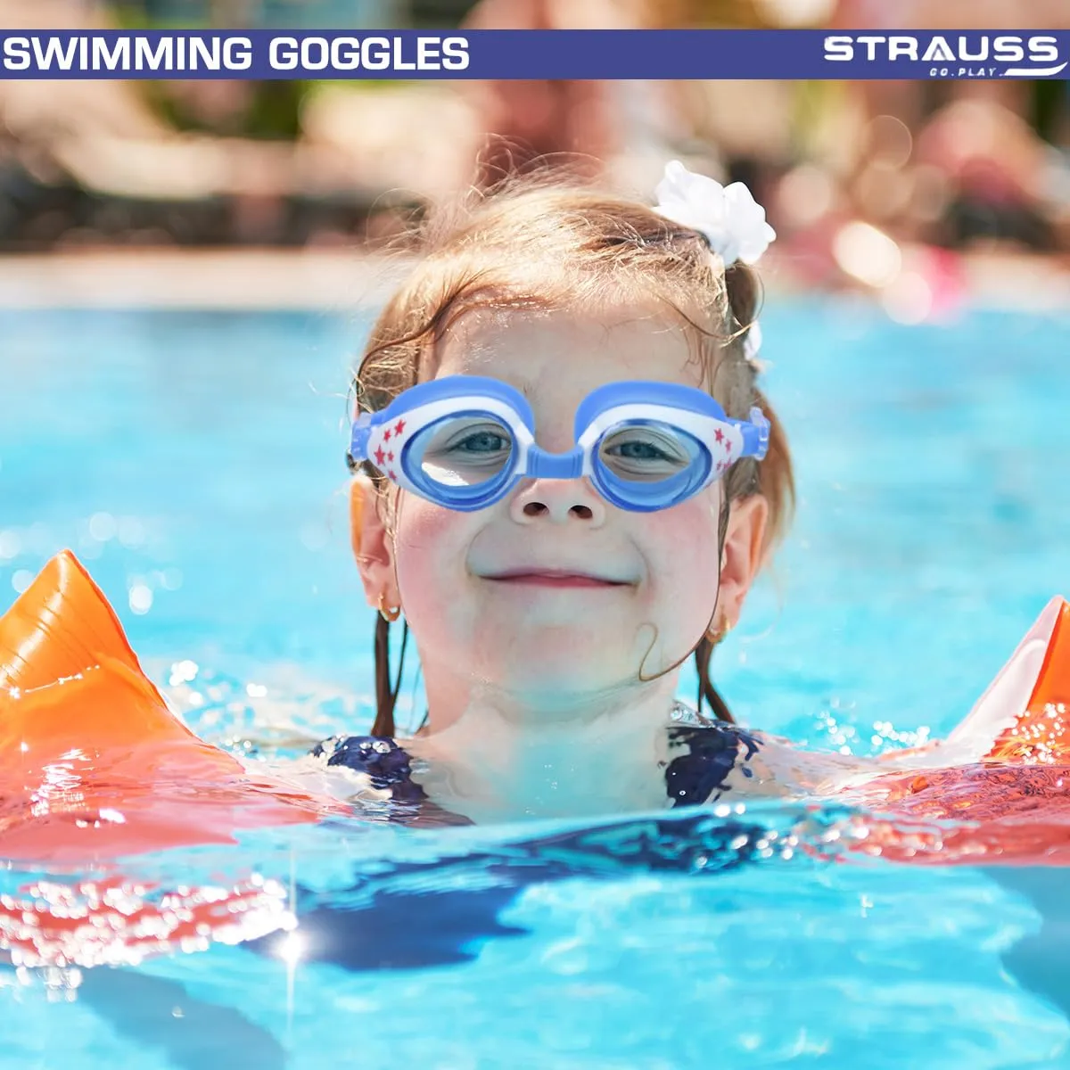 STRAUSS Swimming Goggles | Anti Fog & UV Protection | Swimming Goggles for Kids, Adults | Fully Adjustable Swimming Goggles With A Case Cover,(Blue/White)