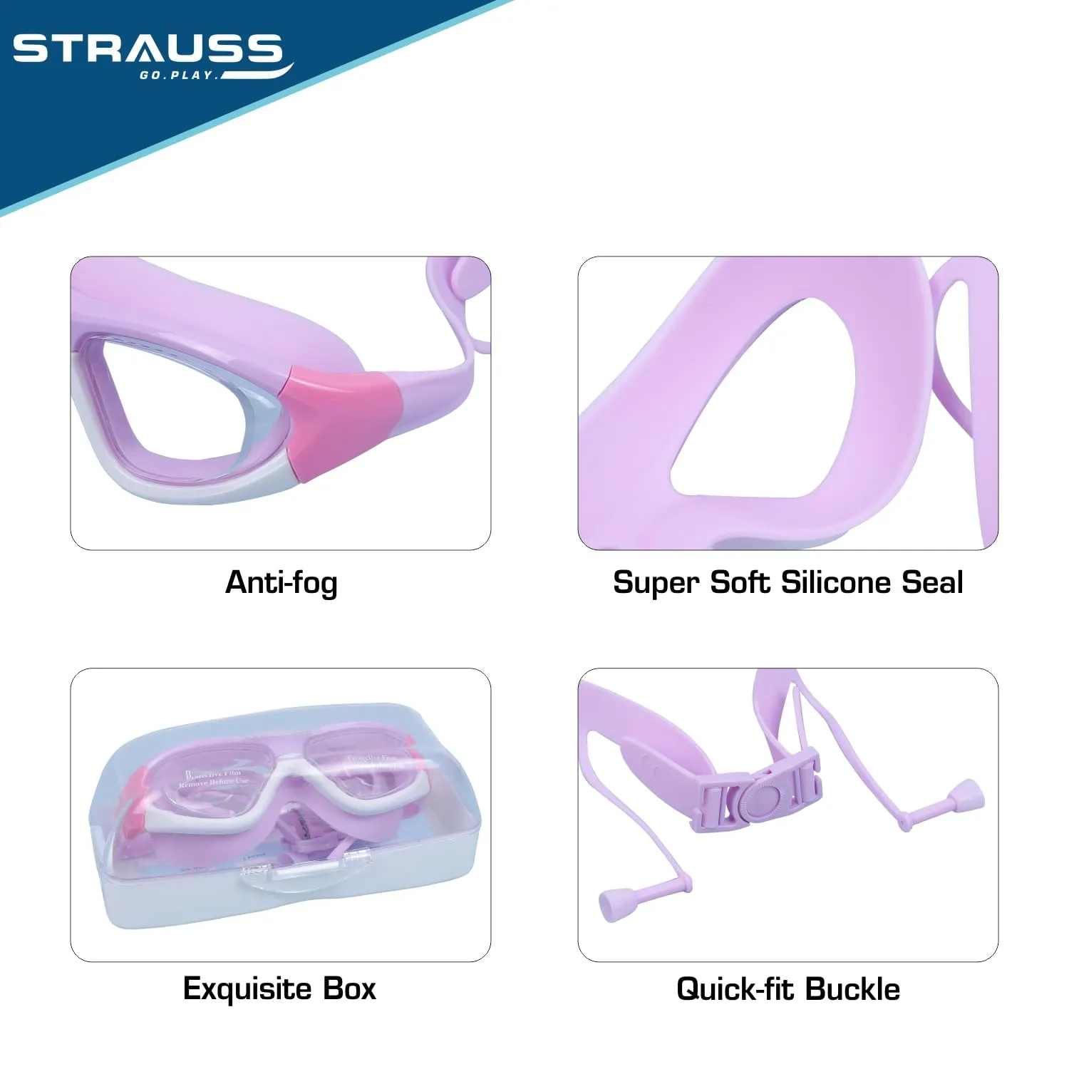 STRAUSS Swimming Goggles | Anti Fog & UV Protection | Swimming Goggles for Kids, Adults | Fully Adjustable Swimming Goggles With A Case Cover,(Purple/White)