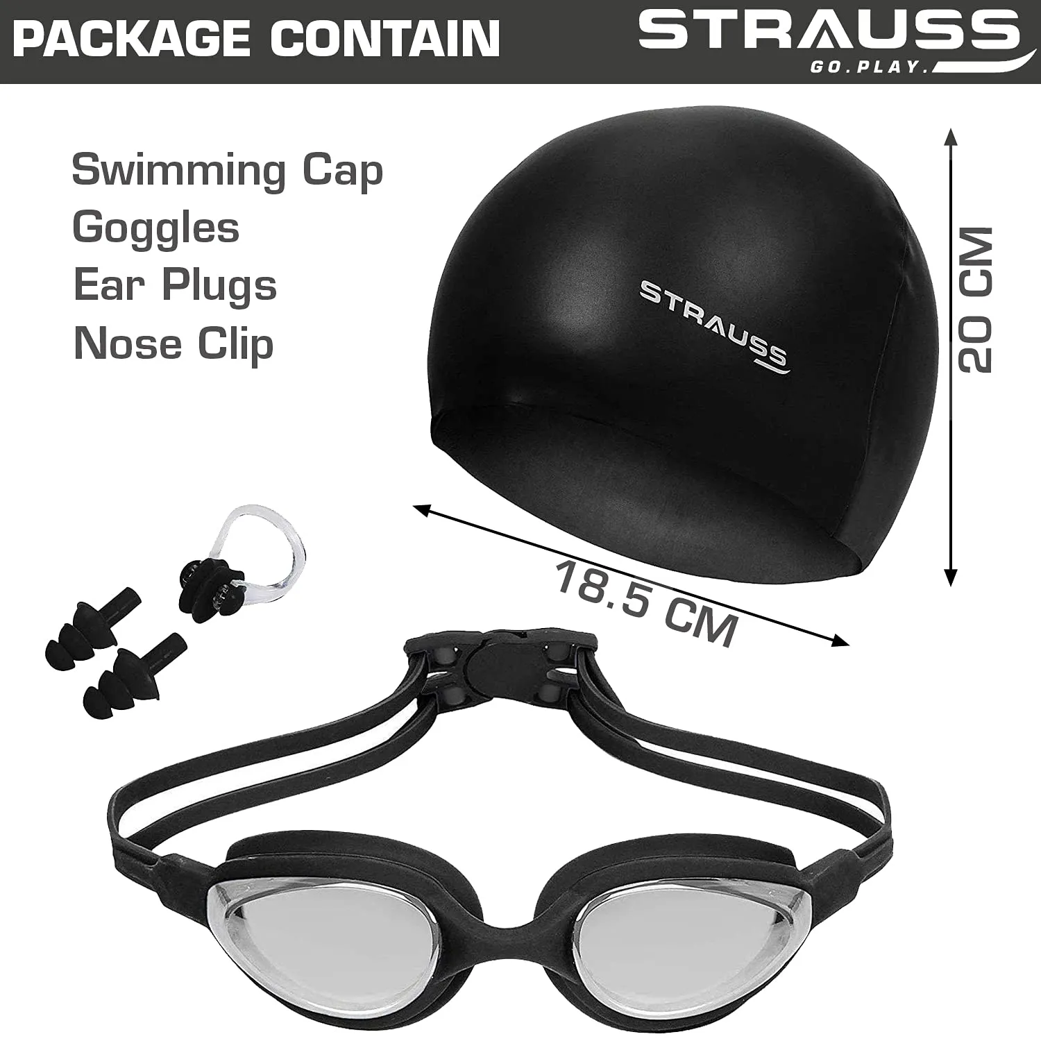 STRAUSS Swimming Goggles Set with UV and Anti Fog Protection | Swimming Kit of Goggles,Cap,Earplug & Nose Plug Set - Ideal for All Age Group | Fully Adjustable | (Black)