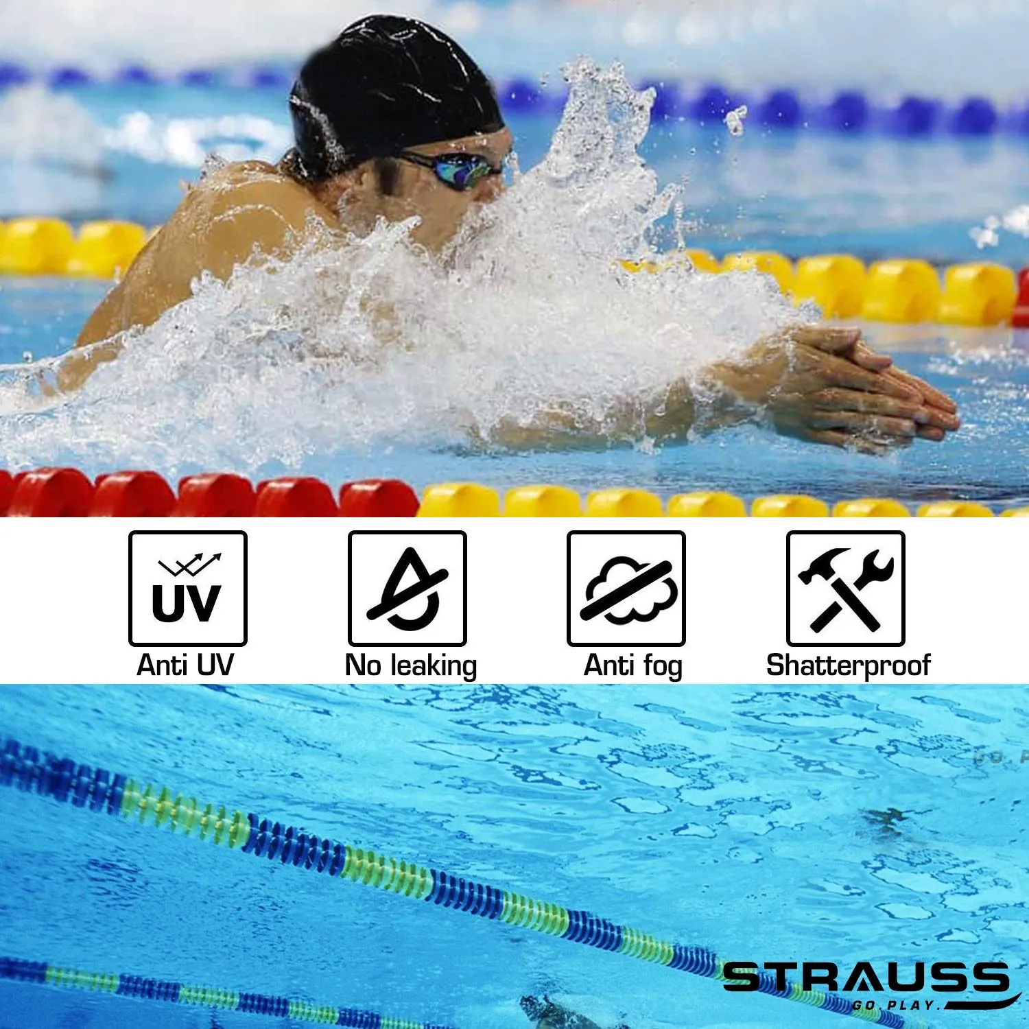 STRAUSS Swimming Goggles Set with UV and Anti Fog Protection | Swimming Kit of Goggles,Cap,Earplug & Nose Plug Set - Ideal for All Age Group | Fully Adjustable | (Black)