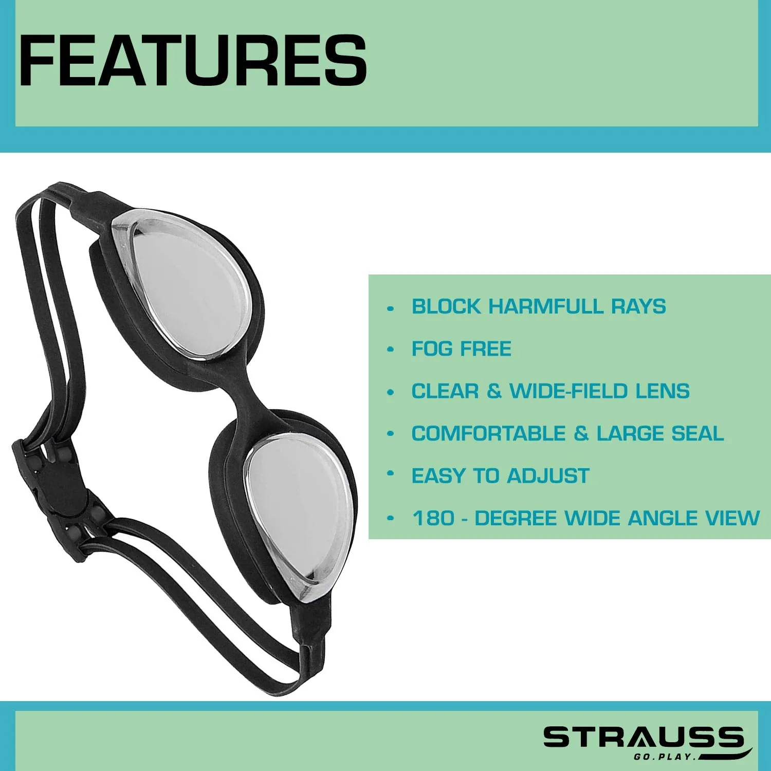 STRAUSS Swimming Goggles Set with UV and Anti Fog Protection | Swimming Kit of Goggles,Cap,Earplug & Nose Plug Set - Ideal for All Age Group | Fully Adjustable | (Black)