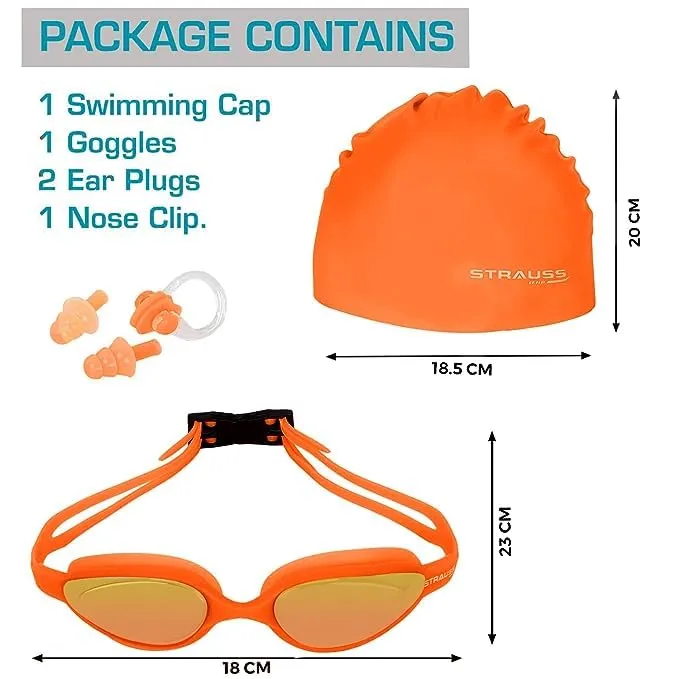 STRAUSS Swimming Goggles Set with UV and Anti Fog Protection | Swimming Kit of Goggles,Cap,Earplug & Nose Plug Set - Ideal for All Age Group | Pack of 12