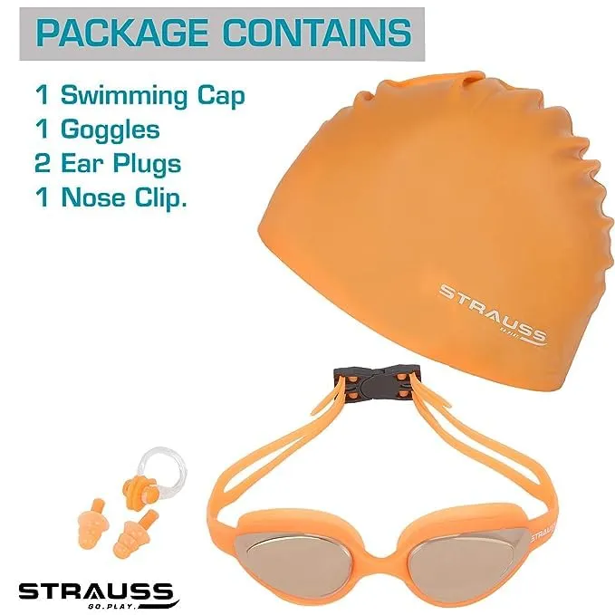 STRAUSS Swimming Goggles Set with UV and Anti Fog Protection | Swimming Kit of Goggles,Cap,Earplug & Nose Plug Set - Ideal for All Age Group | Pack of 12