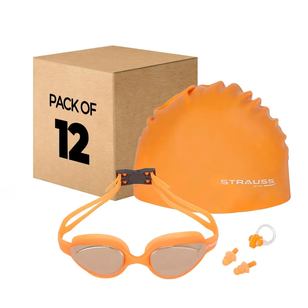 STRAUSS Swimming Goggles Set with UV and Anti Fog Protection | Swimming Kit of Goggles,Cap,Earplug & Nose Plug Set - Ideal for All Age Group | Pack of 12