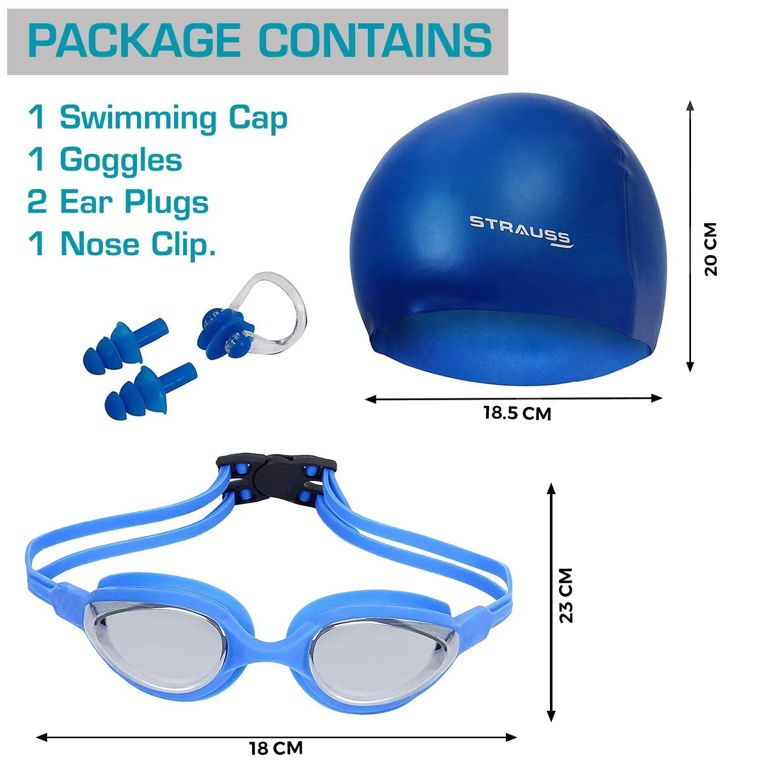 STRAUSS Swimming Kit (Silicone cap|Swimming Goggle|Earplugs|Noseplug) (Blue) (Pack of 2)