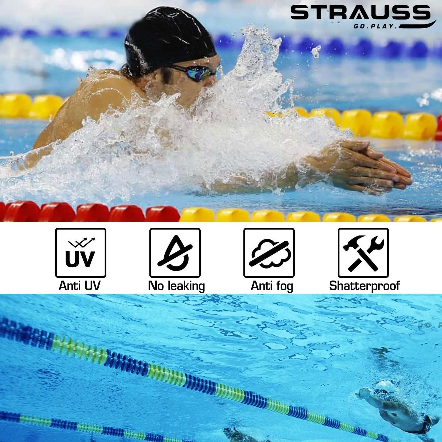 STRAUSS Swimming Kit (Silicone cap|Swimming Goggle|Earplugs|Noseplug) (Blue) (Pack of 2)